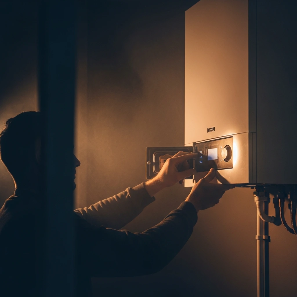 Installateur arbeitet an geöffneter Therme